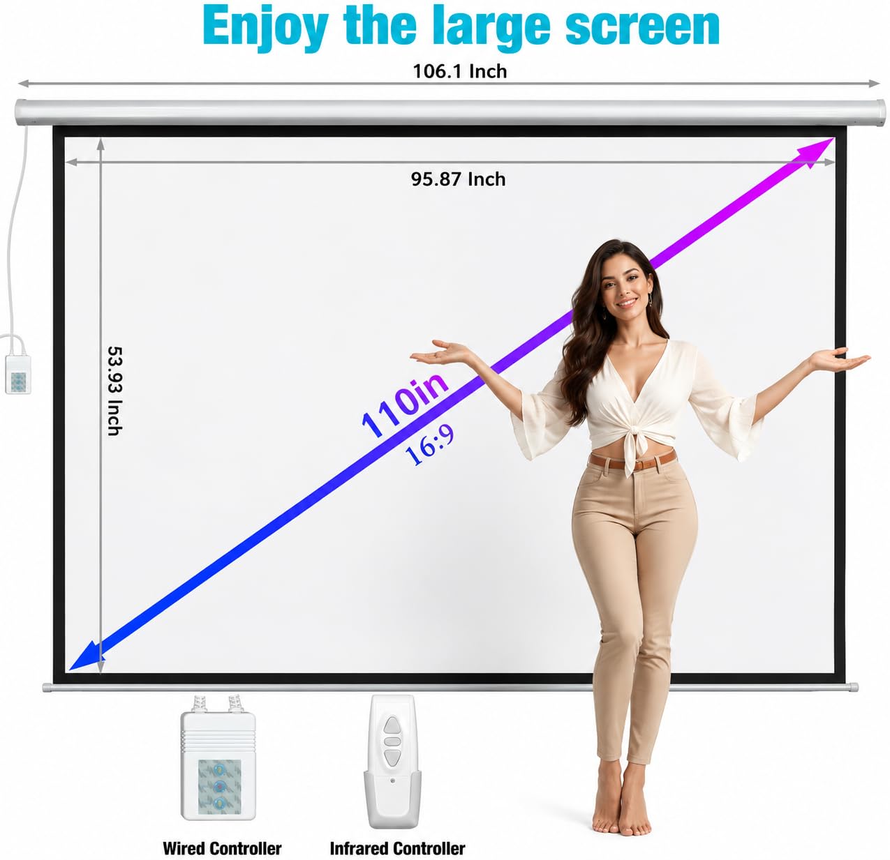110" Motorized Projector Screen, Electric 16:9 Projector Screen with Remote Control, Indoor/Outdoor HD Movie Screen, Wall/Ceiling Mounted, Perfect for Home Office Theater TV, White