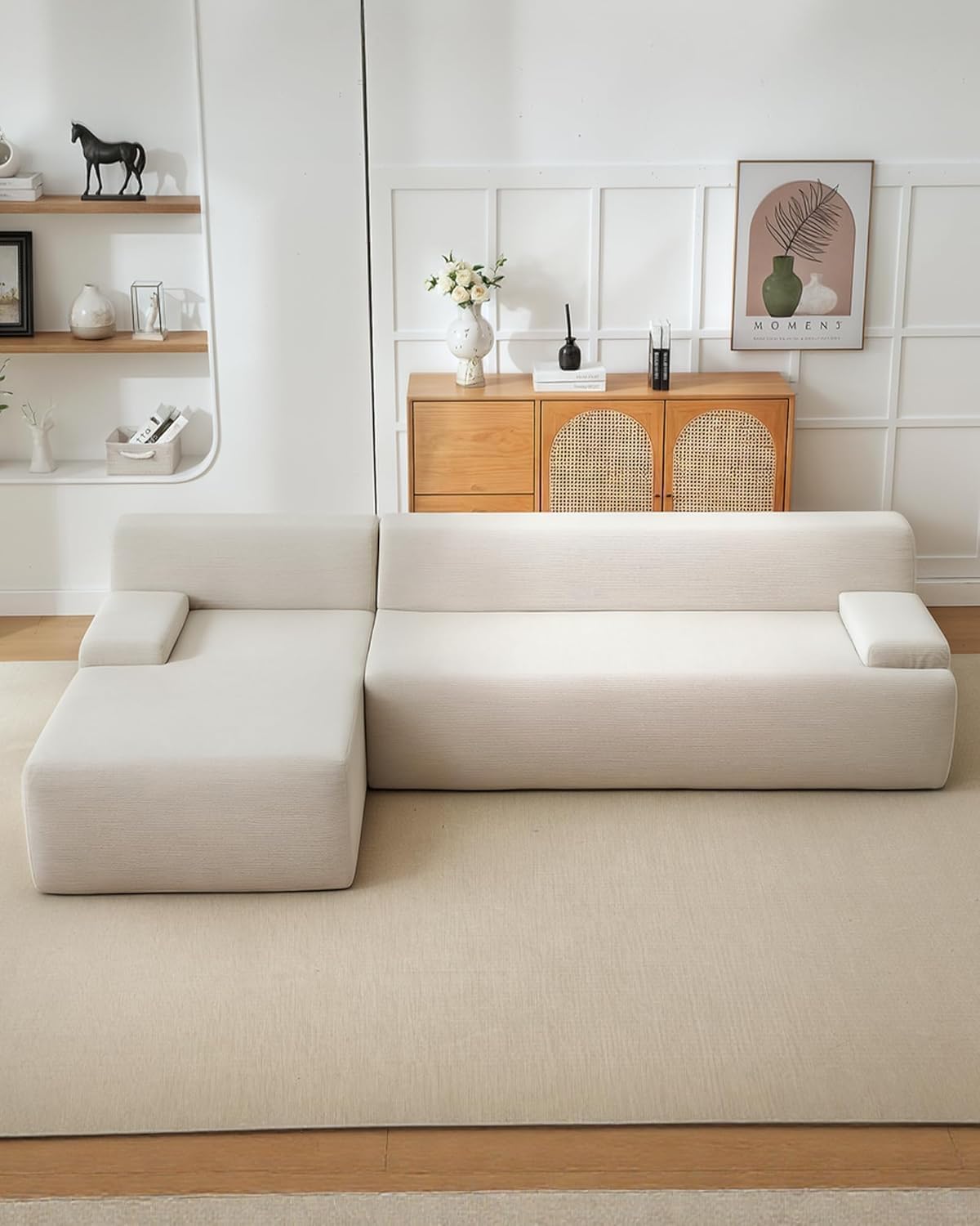 PeakPursuit Oversized 108" Corduroy Cloud Sectional, Left-Facing Chaise Boneless Modular Sofa, Soft Deep Lounger for Living Room, No Assembly Needed