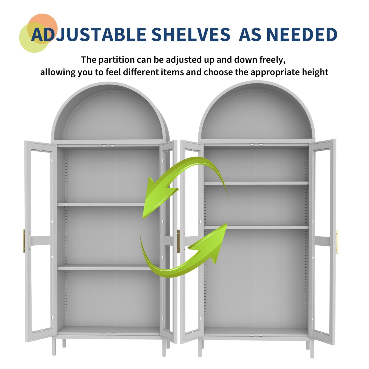 GarveeHome Modern Arched Metal Cabinet with Glass Doors & 2 Adjustable Shelves, 31"x15"x73"，Freestanding Pantry Storage for Kitchen/Dining/Living Room – Contemporary Display Organizer, White