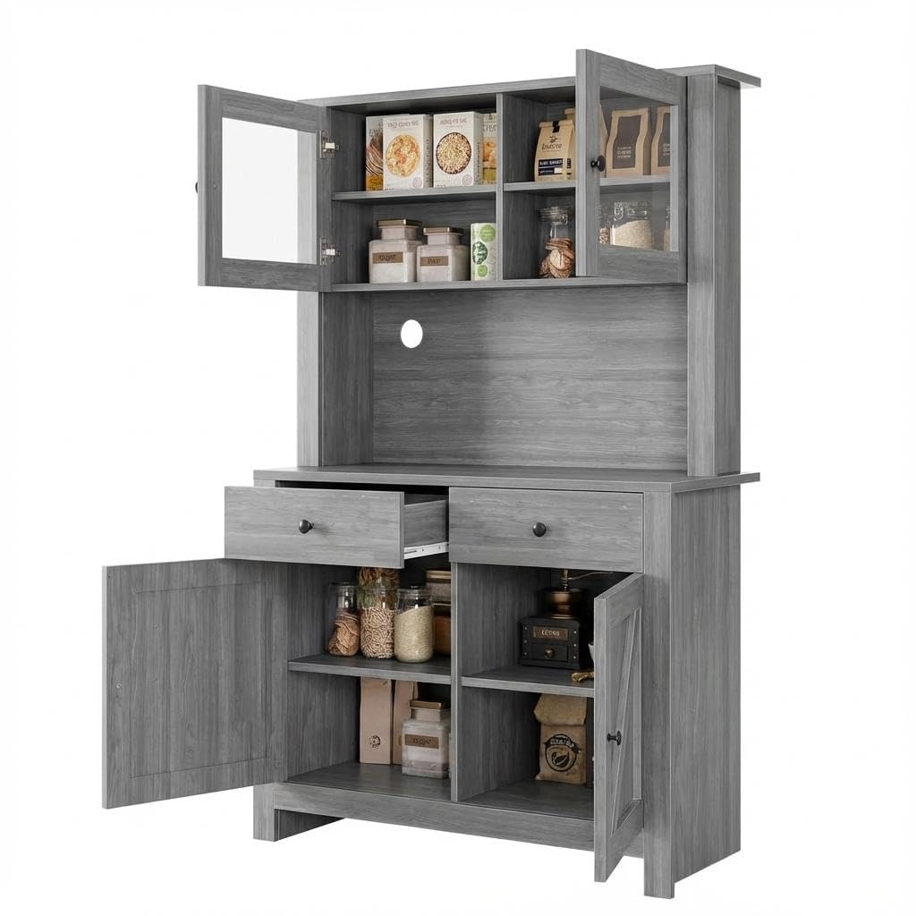 63" Tall Farmhouse Kitchen Pantry Cabinet with Microwave Stand, Freestanding Pantry Hutch Cabinet with Adjustable Shelves, Drawers & Countertop, Buffet Cupboard for Dining & Living Room Storage, Grey