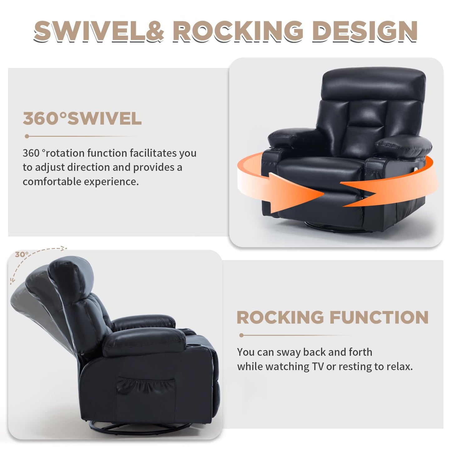 Comermax Rocker Recliner Chair with Heat and Massage, Wide Seat Heated Massaging Reclining Chair, Faux Leather Manual Swivel Rocking Recliners with Cup Holder, Black