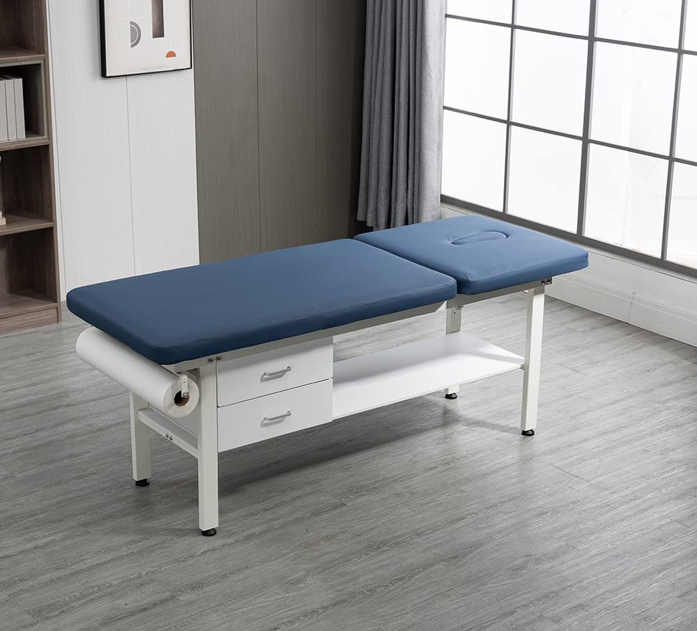 Carenovo 27.6" Width Comfortable Fixed Height Medical Exam Table Backrest Adjustable with Paper Holder and Breath Hole & Two Drawer for Clinic Lab Treatment (Blue)