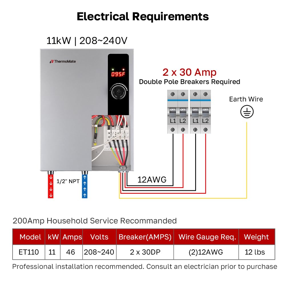 ThermoMate Electric Tankless Water Heater, 11kW 208~240 Volt, On Demand Instant Hot Water Heater, Self Modulating Energy Saving, Save Space, 2.15GPM at 35°F Rise