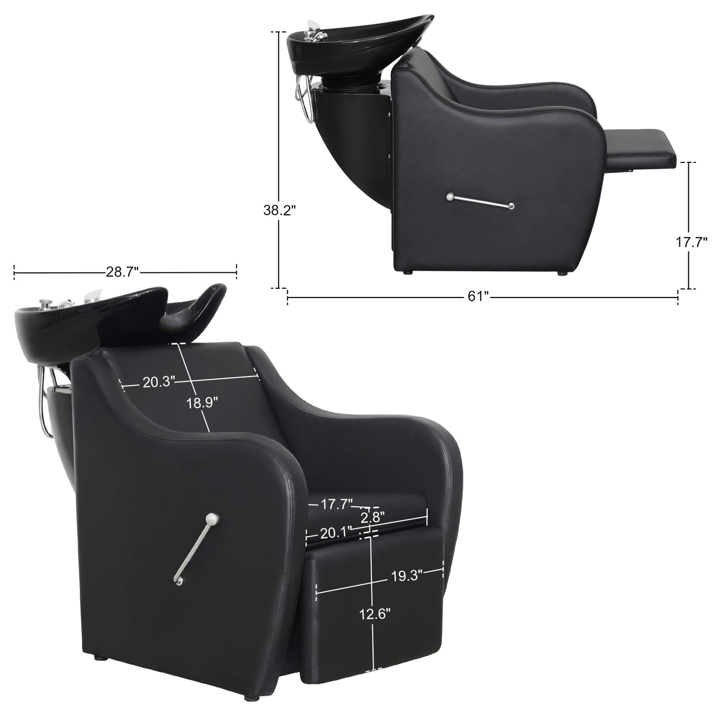 BarberPub Backwash Shampoo Station Chair with Legrest, UPC Ceramic Shampoo Bowl and Chair Set for Home Salon, Barbershop 9089 (Black)
