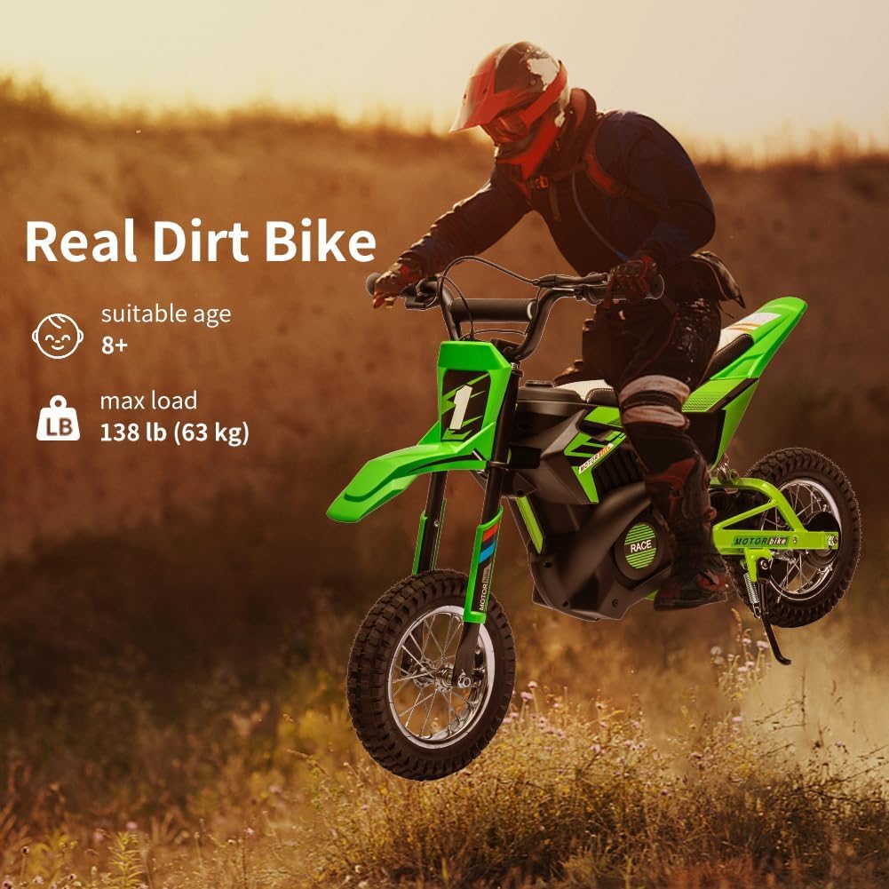 24V Electric Off-Road Motorcycle,250W Motor 13.6MPH Fast Speed Motocross,Leather Seat Dirt Bike,Twist Grip Throttle,Metal Suspension,Air-Filled Tires,for Kids Teens 8+ (Green)