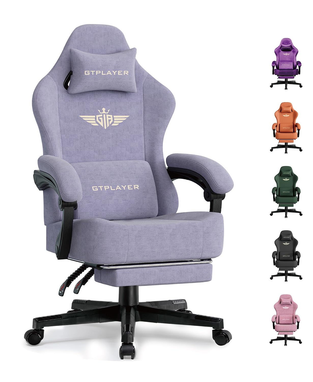GTPLAYER Gaming Chair with Pocket Spring Cushion, High Back Ergonomic Computer Chair with Footrest for Adults Lumbar Support Swivel Game Chair for Office Gaming 350LBS, Fabric Macaron Purple