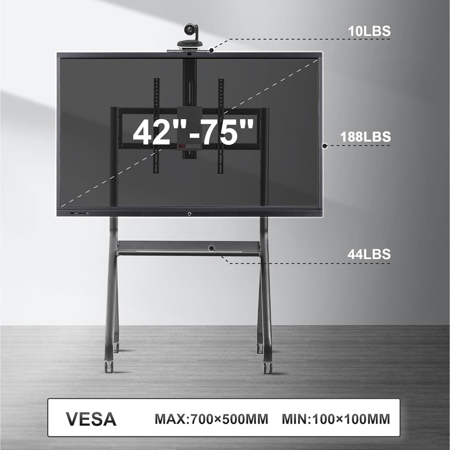 Smart Board Stand with Camera Tray Fits 42"-75" Screens, Interactive Whiteboard Stand with 360° Rotating Wheels Holds 300LBS, Height Adjustable,Mobile Stand for Home, Office & Classroom