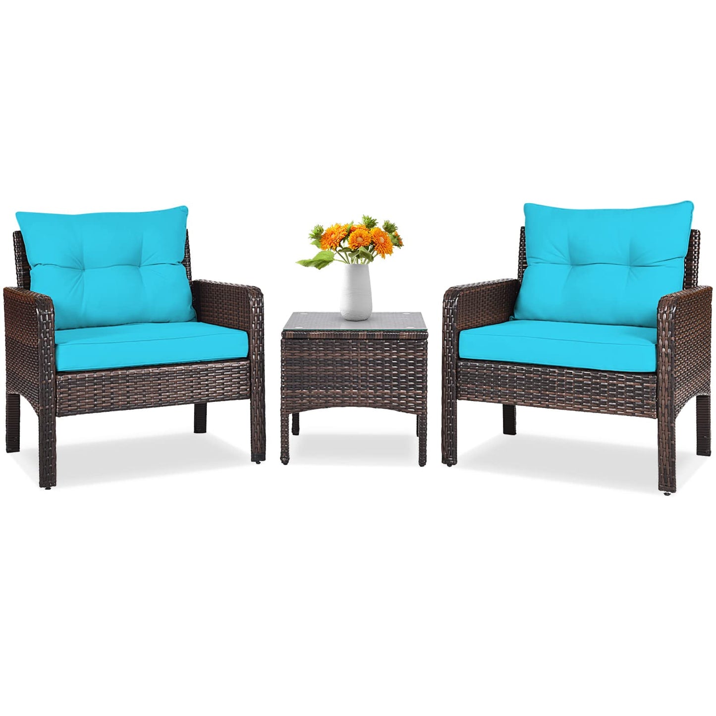 Tangkula 3 Piece Wicker Chairs with Glass Top Coffee Table, Thick Cushions, All Weather Garden Lawn Poolside Backyard Porch Outdoor Patio Furniture Set for 2 (Turquoise)