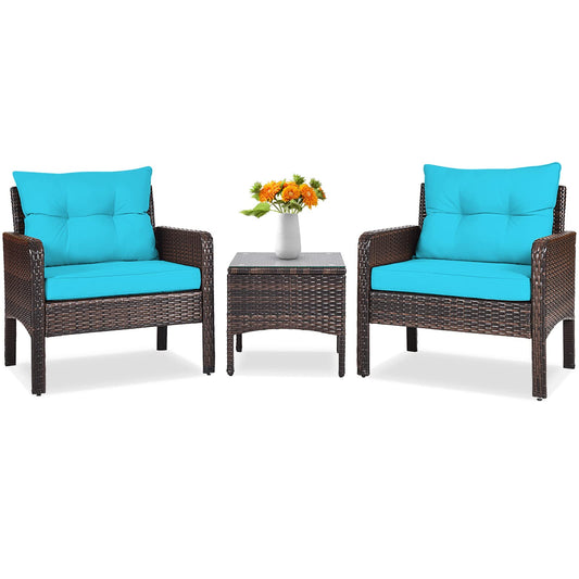 Tangkula 3 Piece Wicker Chairs with Glass Top Coffee Table, Thick Cushions, All Weather Garden Lawn Poolside Backyard Porch Outdoor Patio Furniture Set for 2 (Turquoise)
