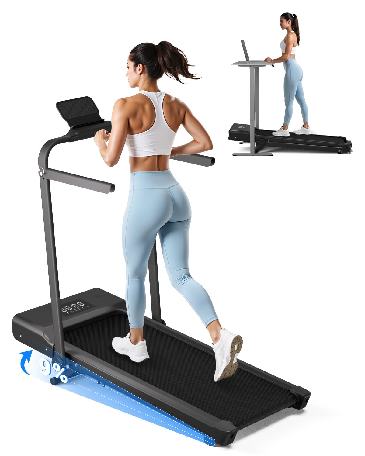 Superun Walking Pad Treadmill with Handle Bar, 300 LBS Capacity Treadmills for Home, 3.0HP Portable Under Desk Treadmill for Home Office with LED Display Remote APP Control