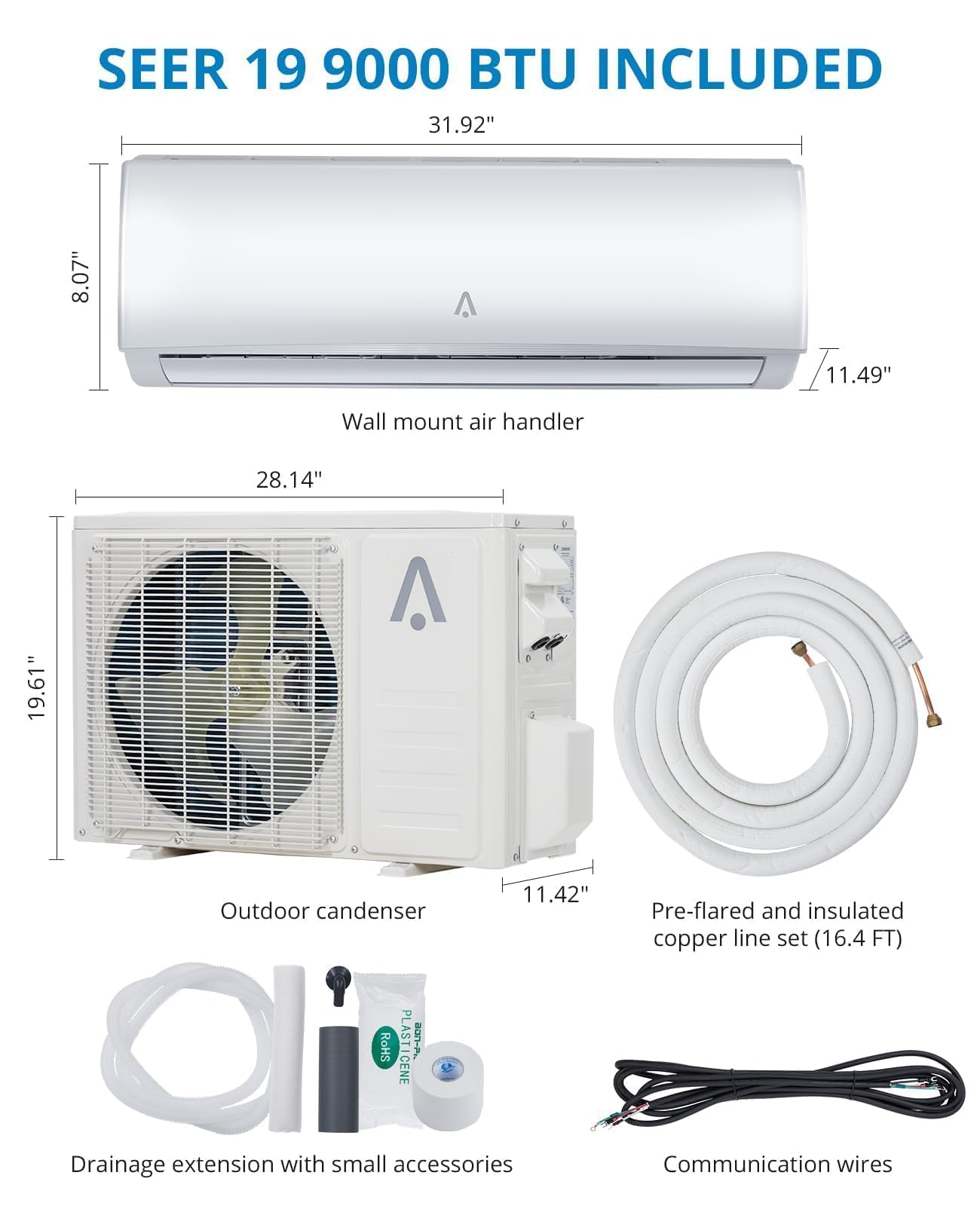 Mini Split Air Conditioners, 9,000 BTU AC Heating System, Heat Pump Ductless Mini Split AC Unit for Bedroom, Quiet Room Air Conditioner with Efficient Cooling Heating for Rooms Up to 450 Sq.ft