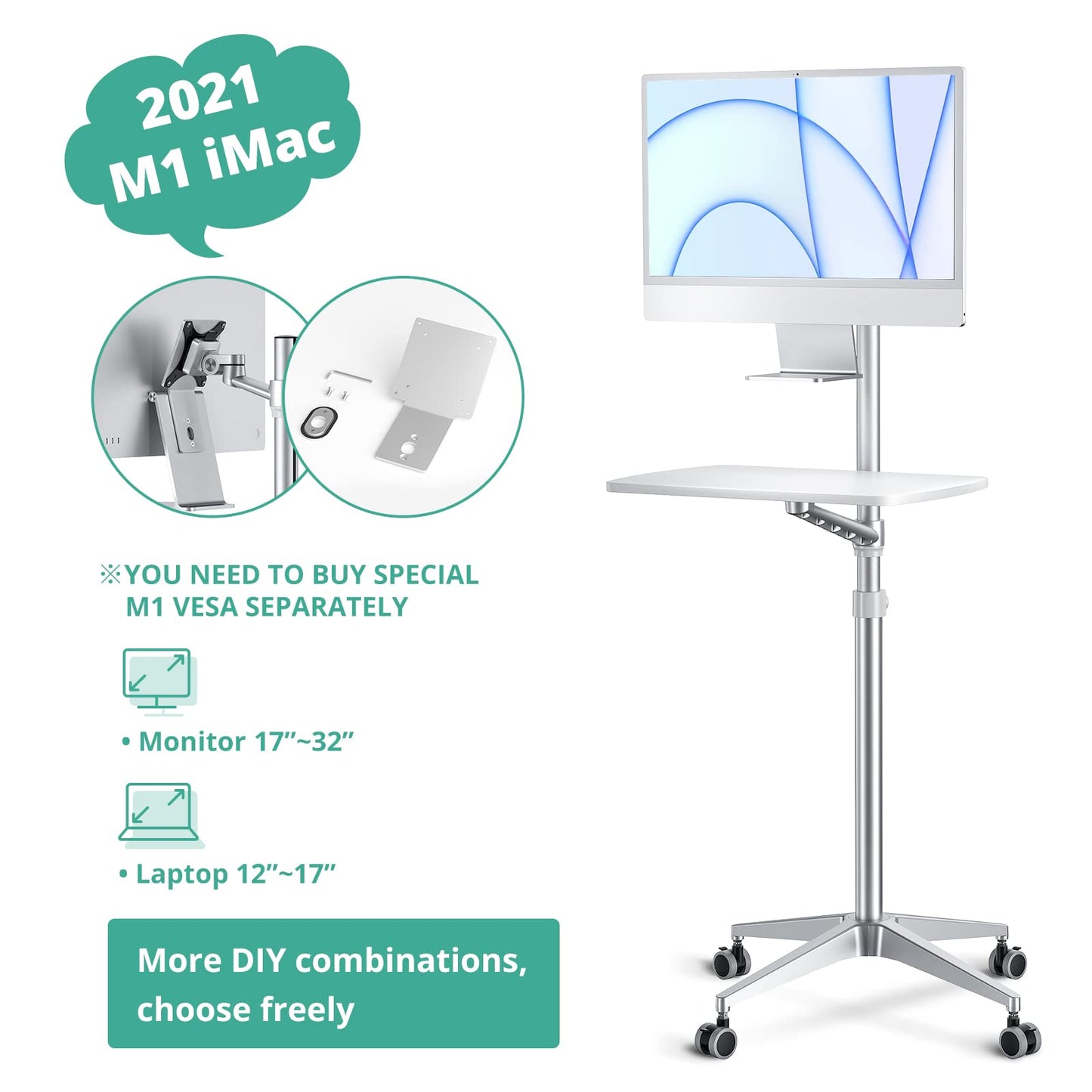 viozon Mobile Desk,Mobile Workstation,Mulitiuse Rolling Laptop Floor Stand,34"-48.6" Height Adjustable,Compatible with 17"-27"Monitor&12"-17"Laptop,21"×14" Desk Board,Maxload 17.6lbs,4 Lockable Wheels