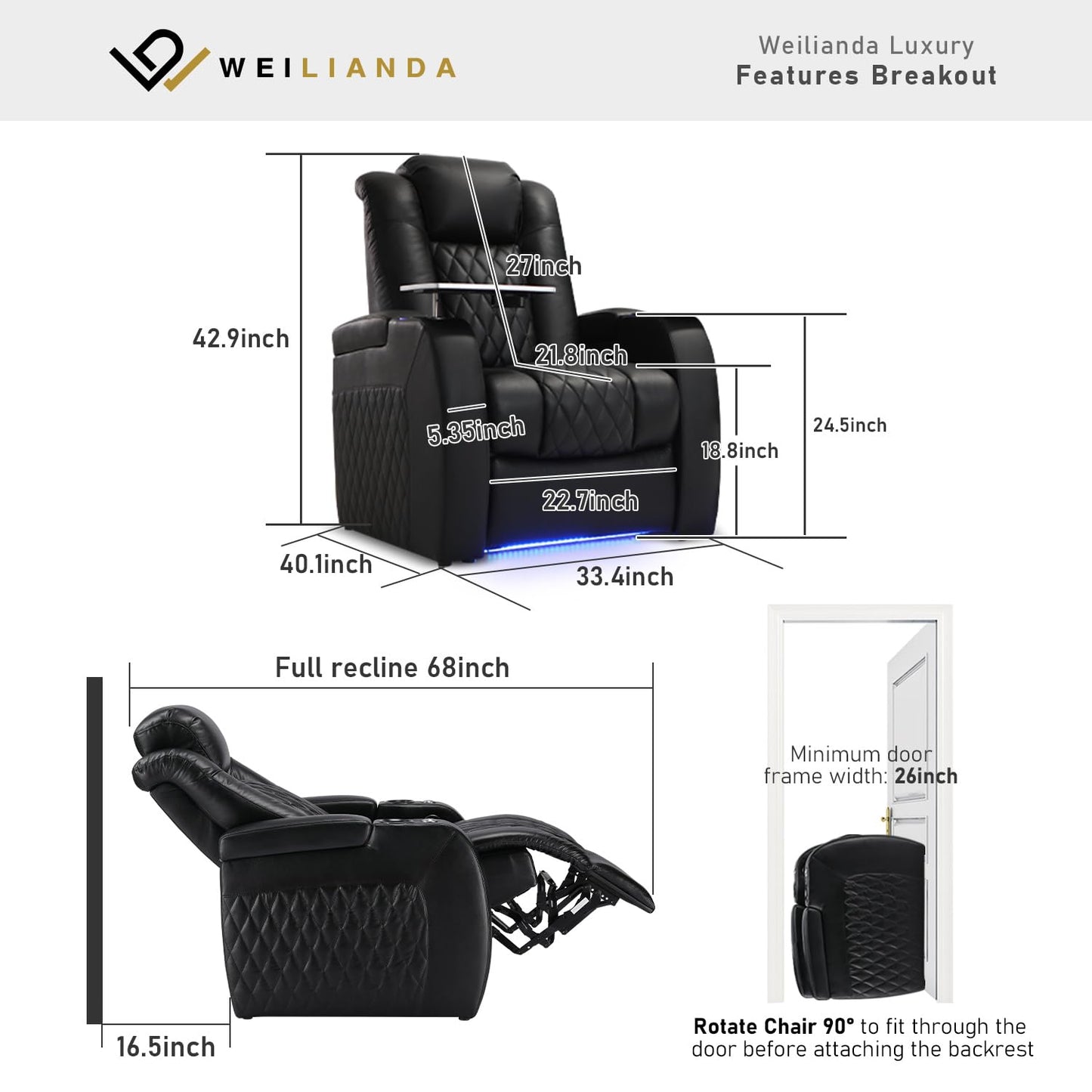 Weilianda Home Theater Seating Top Grain Leather Zero Gravity Recliner Chair Power Headrest Recline Movie Seat Gaming 7 Colors Mood Light Sofa with Tray Table USB Charge Row of 1 Black