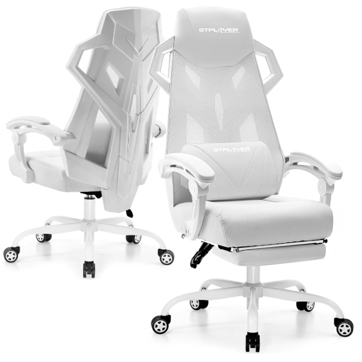 GTPLAYER Gaming Chair, Computer Chair with Mesh Back, Ergonomic Game Chair with Footrest, Reclining Game Chair with Adjustable Headrest and Lumbar Support for Gaming and Office (White)