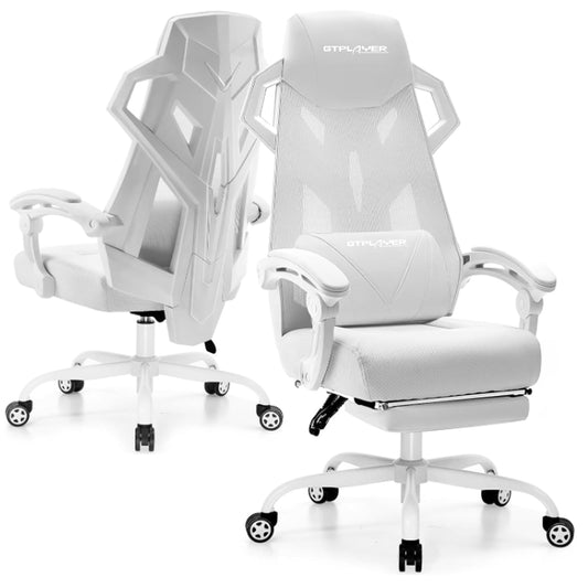 GTPLAYER Gaming Chair, Computer Chair with Mesh Back, Ergonomic Game Chair with Footrest, Reclining Game Chair with Adjustable Headrest and Lumbar Support for Gaming and Office (White)