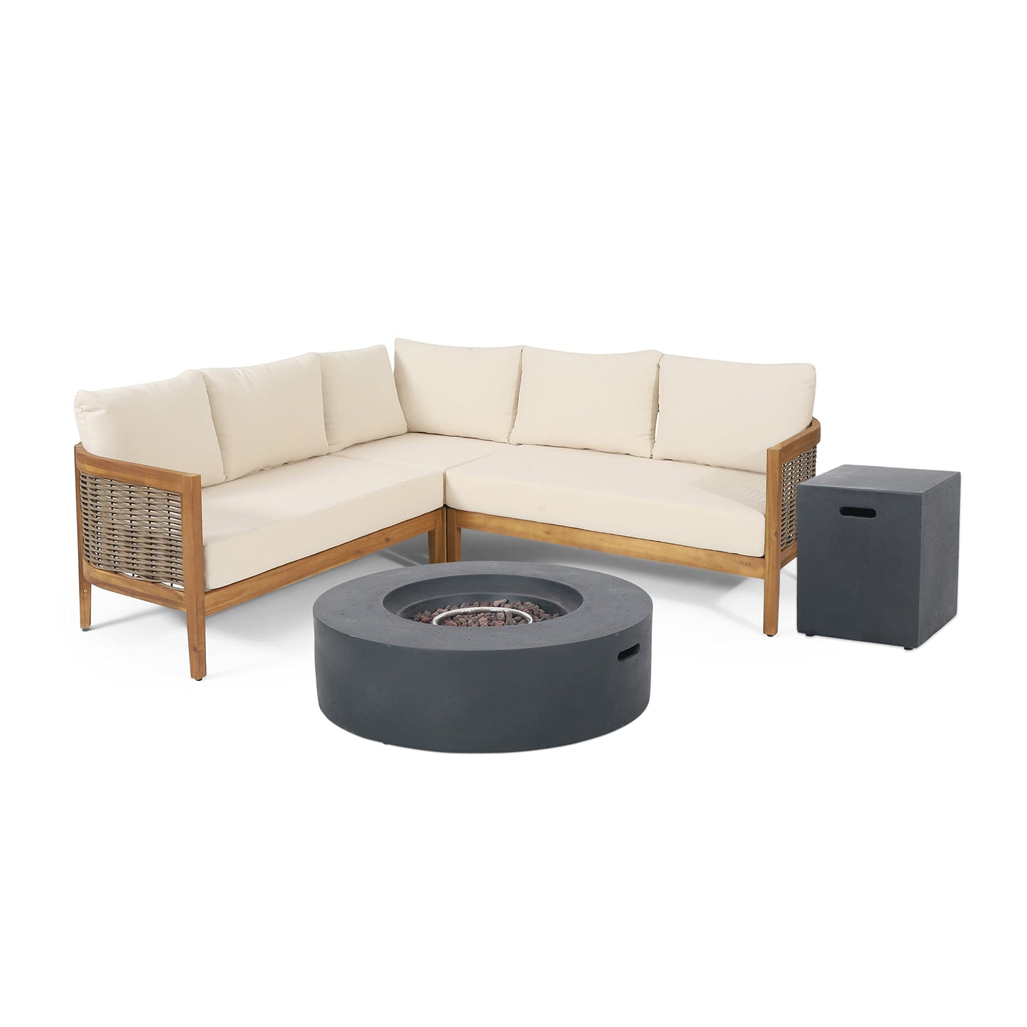 Christopher Knight Home Burchett Outdoor 5 Seater Sectional Sofa Chat Set with Fire Pit - Acacia Wood and Round Wicker - Teak/Mixed Brown/Beige/Dark Gray