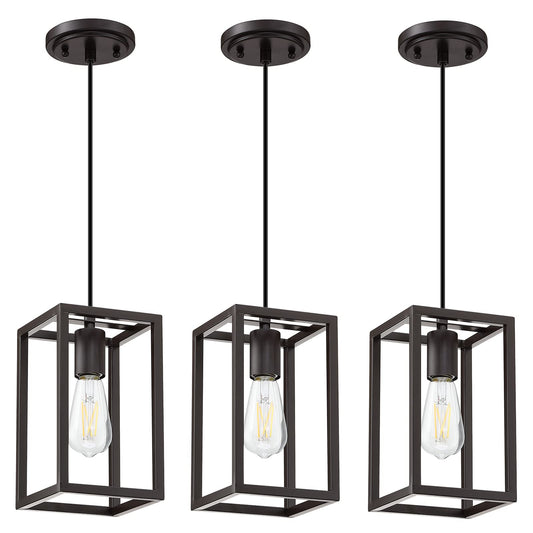 Dolaimy House 3 Pack Rustic Farmhouse Pendant Light, Metal Cage, Oil-Rubbed Bronze Finish, Model 3142CD102