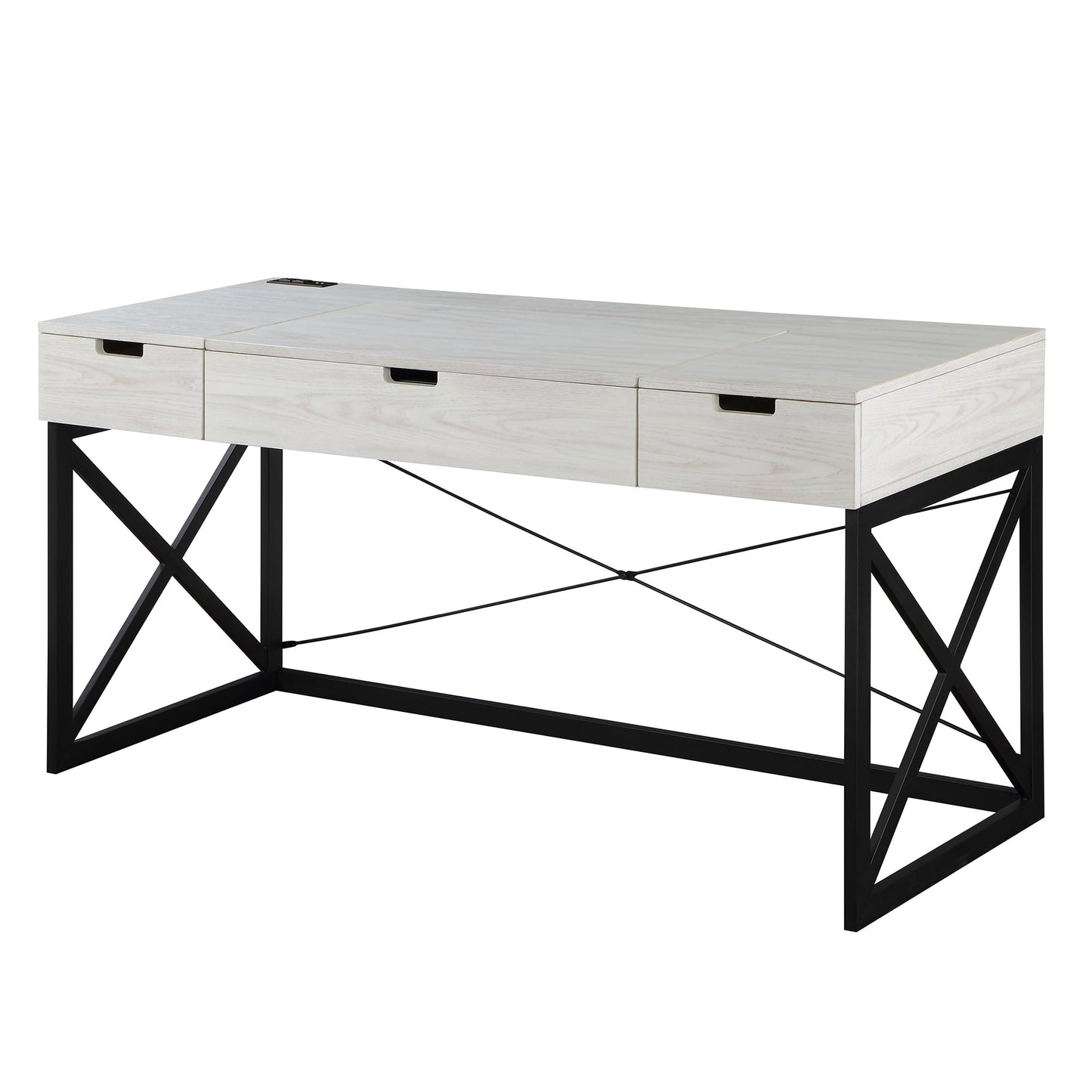 24/7 Shop at Home Ashiya Transitional 2 Drawers Metal Hidden Storage Desk with Lift-Top, USB Port, Power Outlet for Workstation, Home Office, Study Room, Antique White
