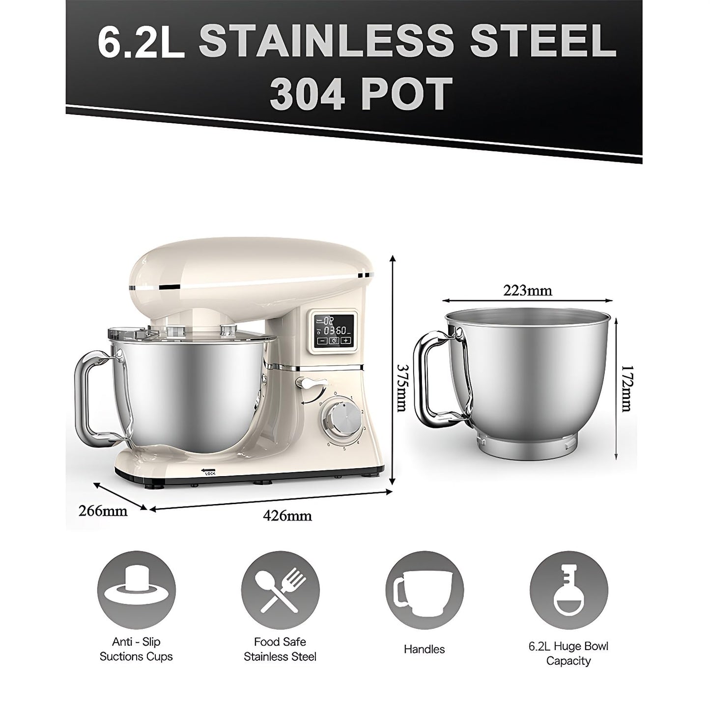 Stand Mixer with LED Display & Timer 6.5QT Stainless Steel Bowl, 1350W 6-Speeds Electric Kitchen Stand Up Mixer for Baking Cakes Cookie Bread Salad Food with Egg Whisk, Dough Hook, Beater - White
