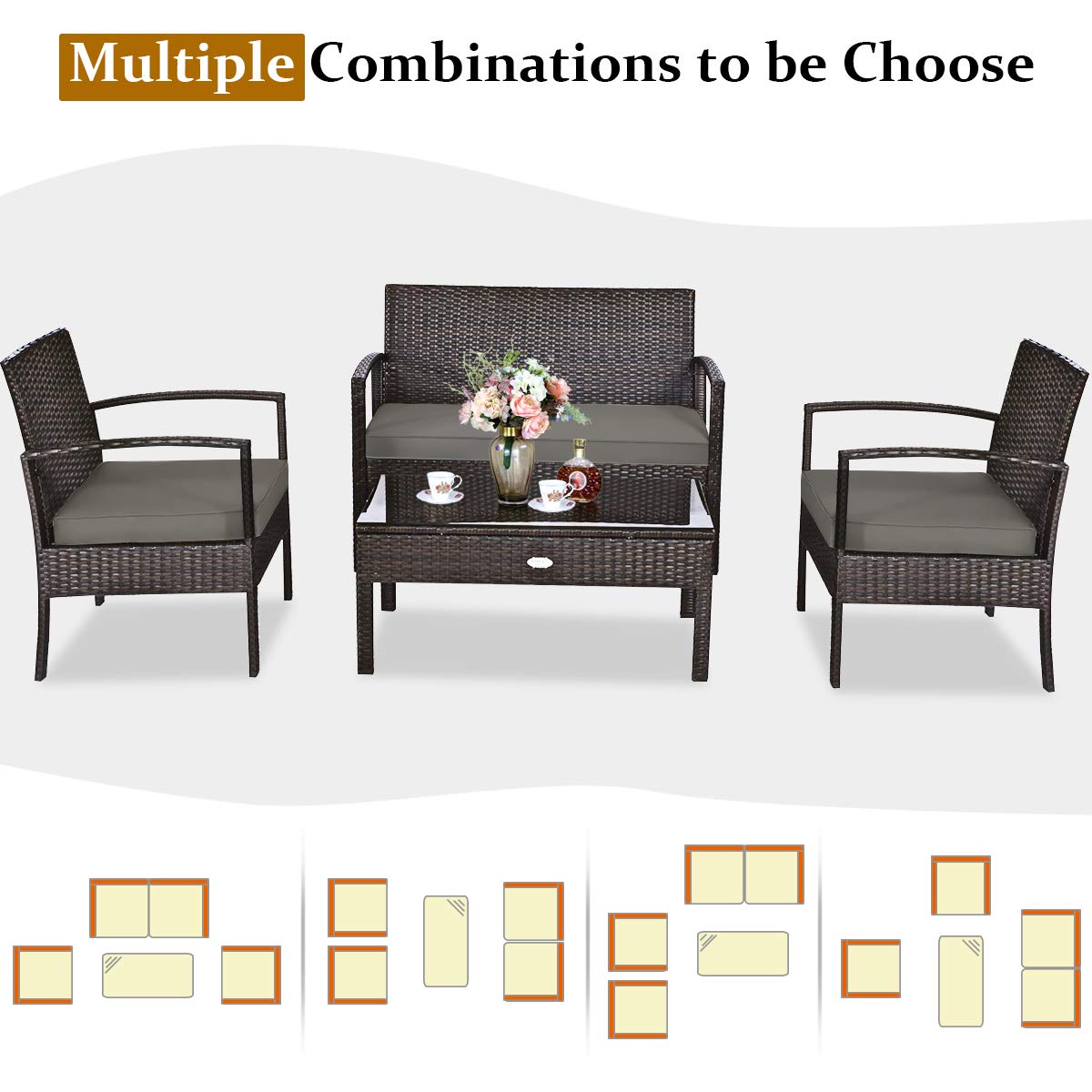 Tangkula 4-PCS Wicker Patio Conversation Furniture Set, Outdoor Rattan Chair and Table Set, Patio Furniture Sets with Coffee Table & Washable Cushions for Courtyard Balcony Garden (1, Brown)