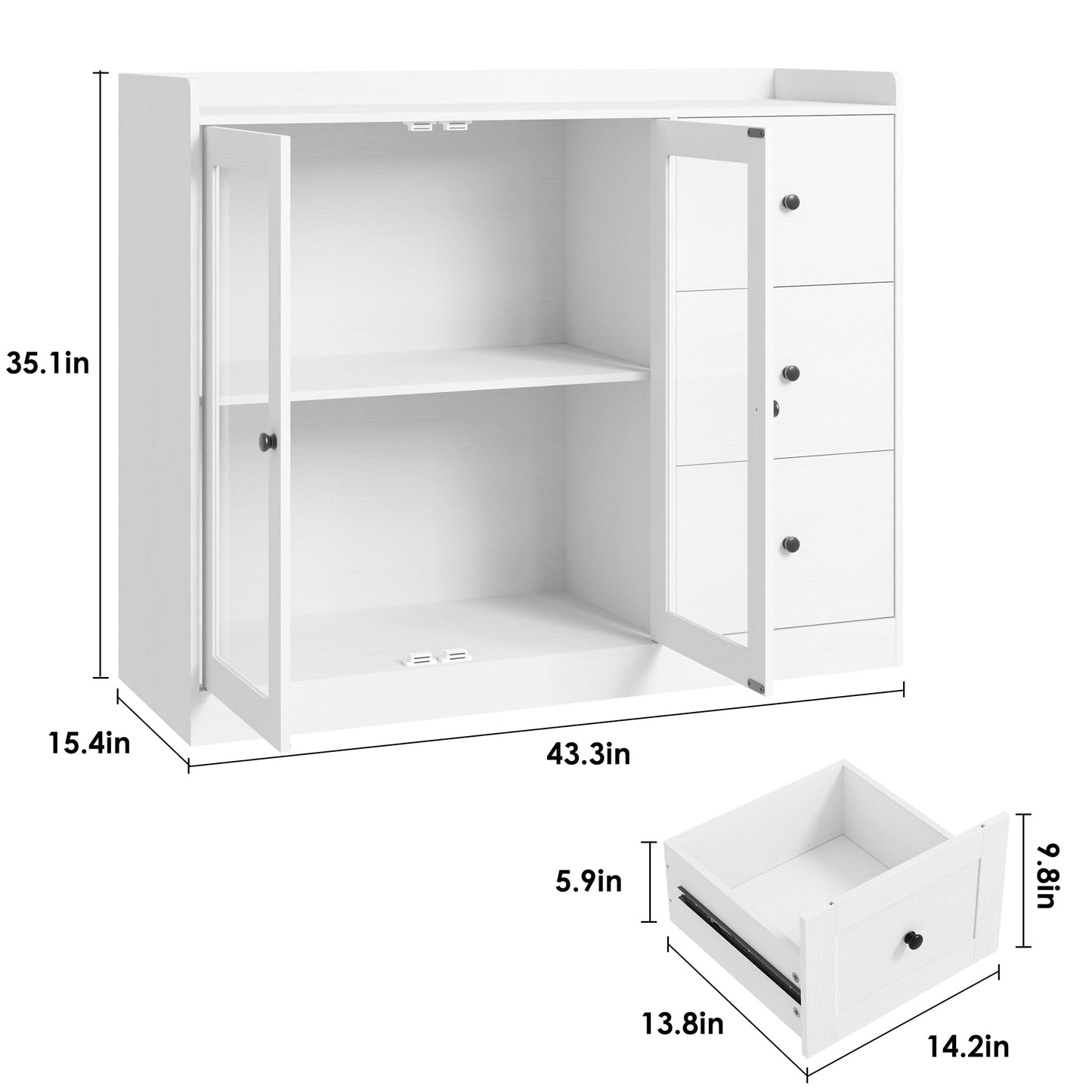 IDEALHOUSE Buffet Cabinet with Storage, 43" Modern Sideboard Kitchen Cabinet with Guardrail Design & Adjustable Shelves & 3 Drawers, Wood Buffet Table for Kitchen, Dining Room, White