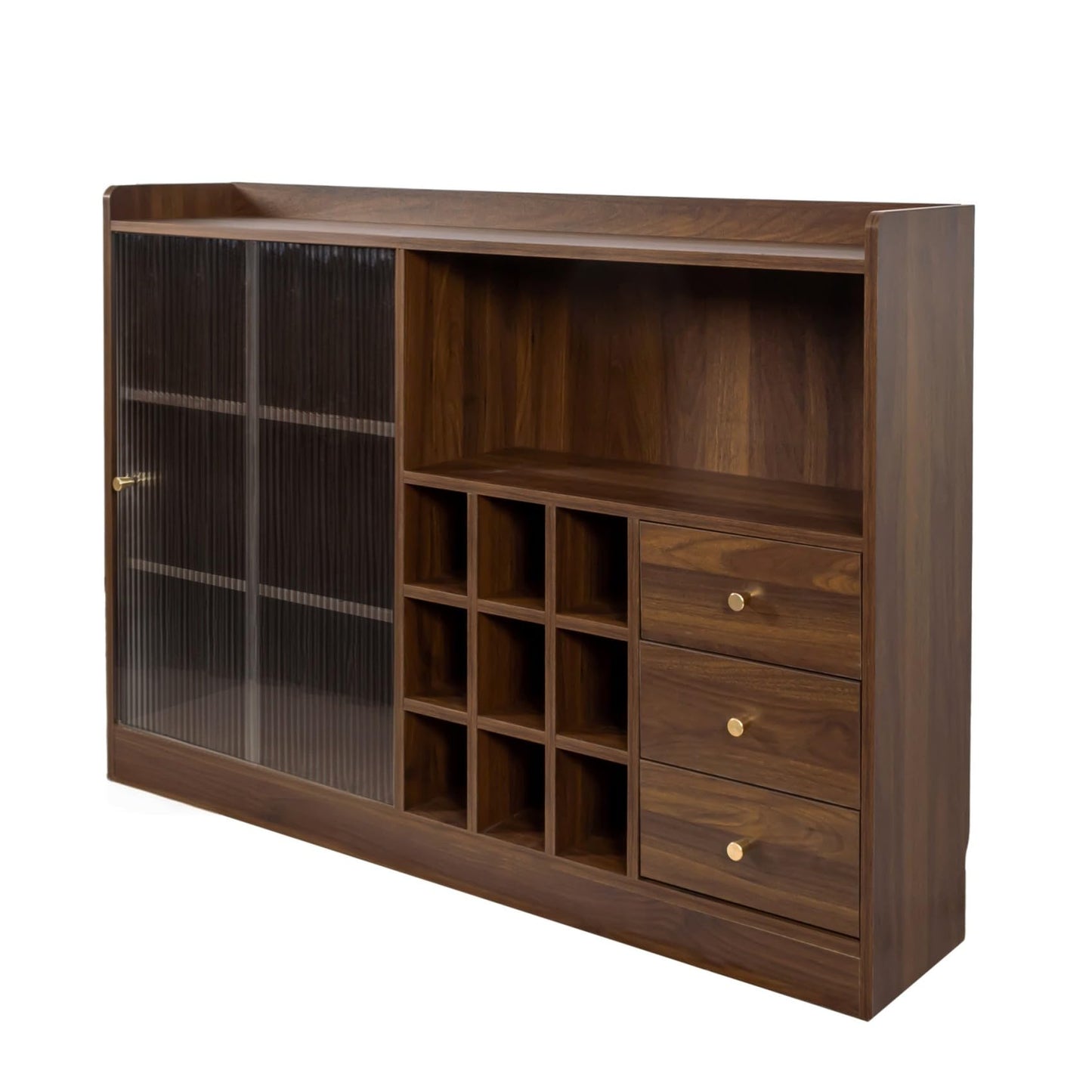 KEIKI Kitchen Sideboard Buffet Storage Cabinet with 2 Glass Sliding Door, Wine Bottles Rack, 3 Drawers, Display Shelves, Wood Coffee Bar Dinning Room Pantry