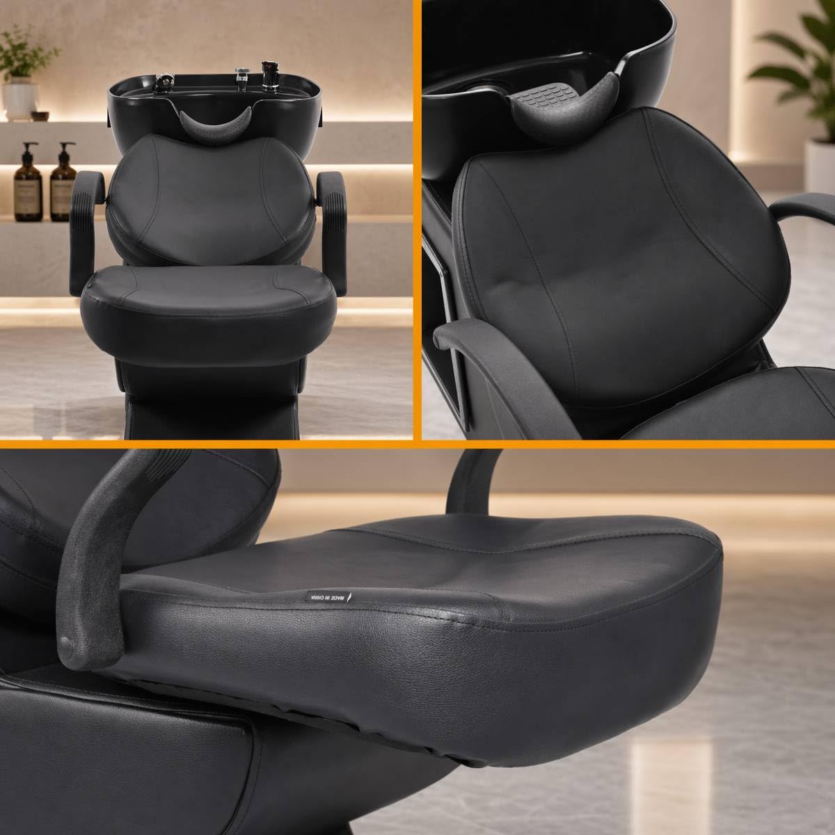 Secsofier Salon Shampoo Bowl Sink Station with Reclining Backwash Chair, ABS Plastic, Black, Spa Equipment