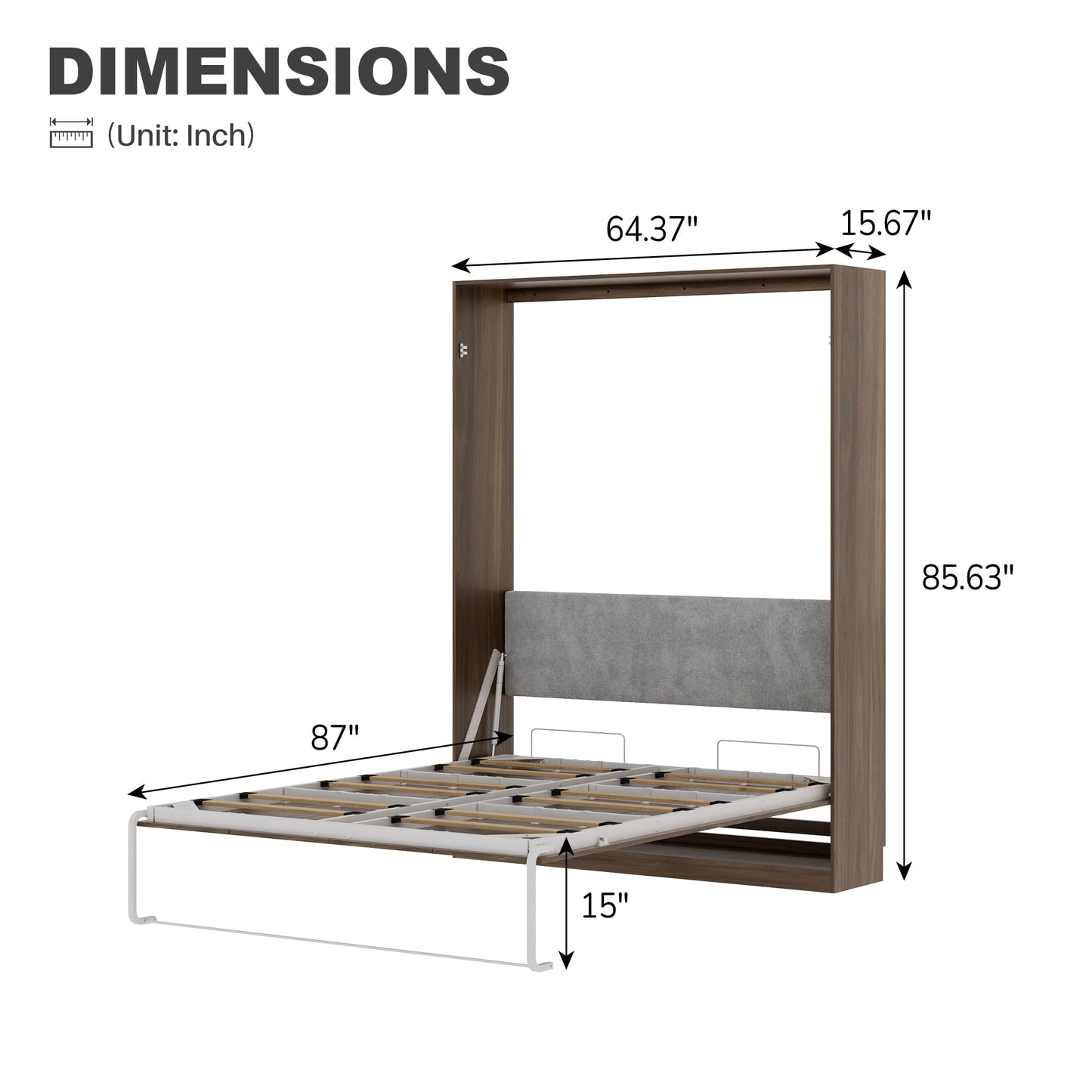 Jiaoun Queen Murphy Bed,Farmhouse Guest Beds,Folding Wall Bed with Hydraulic Bar,64" W Twin Murphy Beds for Small Spaces/Offices/Apartments/Guest Room,Browm.