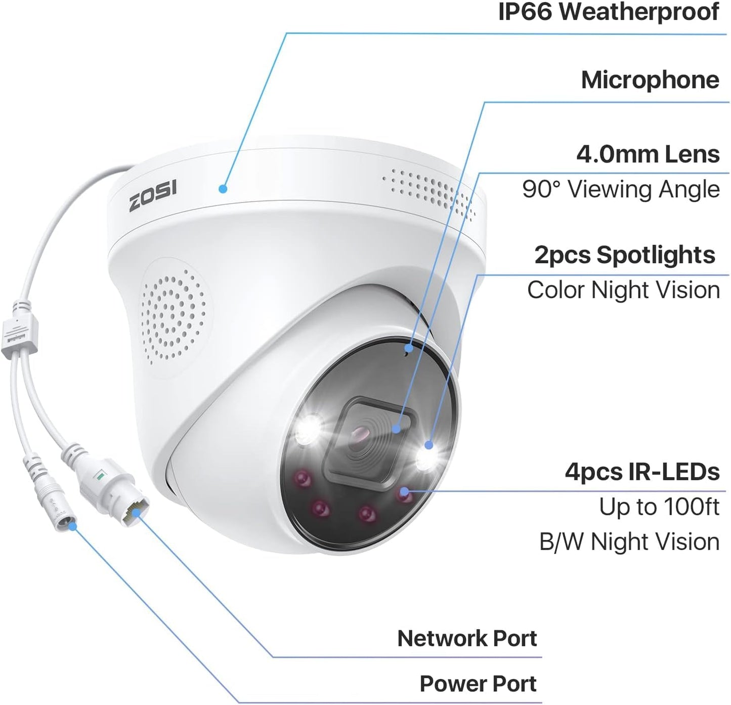 ZOSI 4-Pack 4K 8MP PoE Add-On Security Cameras with Ethernet Cables,Outdoor Indoor Camera with Person Vehicle Detection,Night Vision,2-Way Audio,Only Compatible with Same Brand 4K PoE NVR Systems