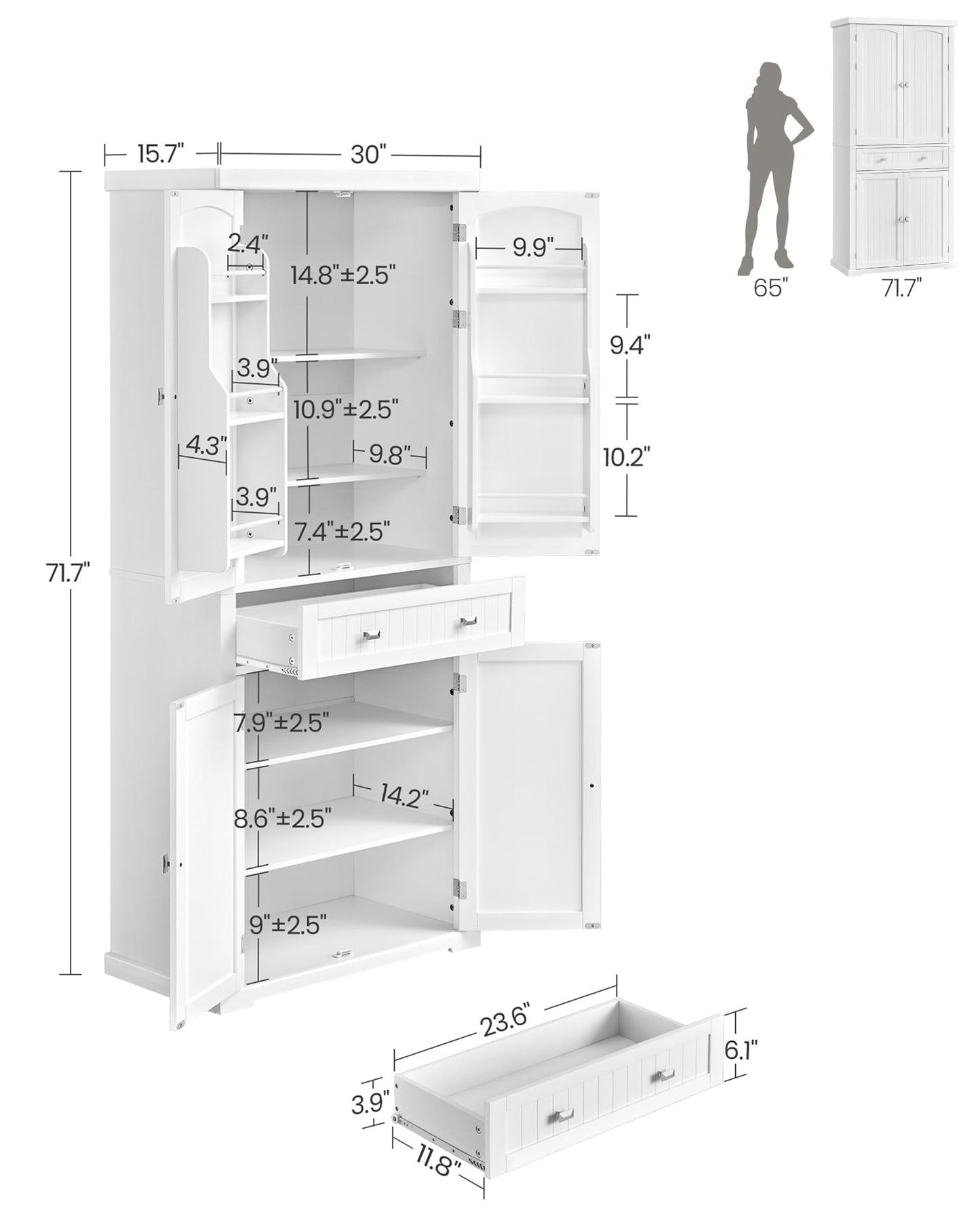 VASAGLE Pantry Cabinet, 71.7-Inch High Freestanding Tall Cupboard Storage Cabinet with a Drawer, 2 Cabinets, 4 Adjustable Shelves, 6 Door Shelves, for Living Room, Kitchen, White UBBC561P31V2
