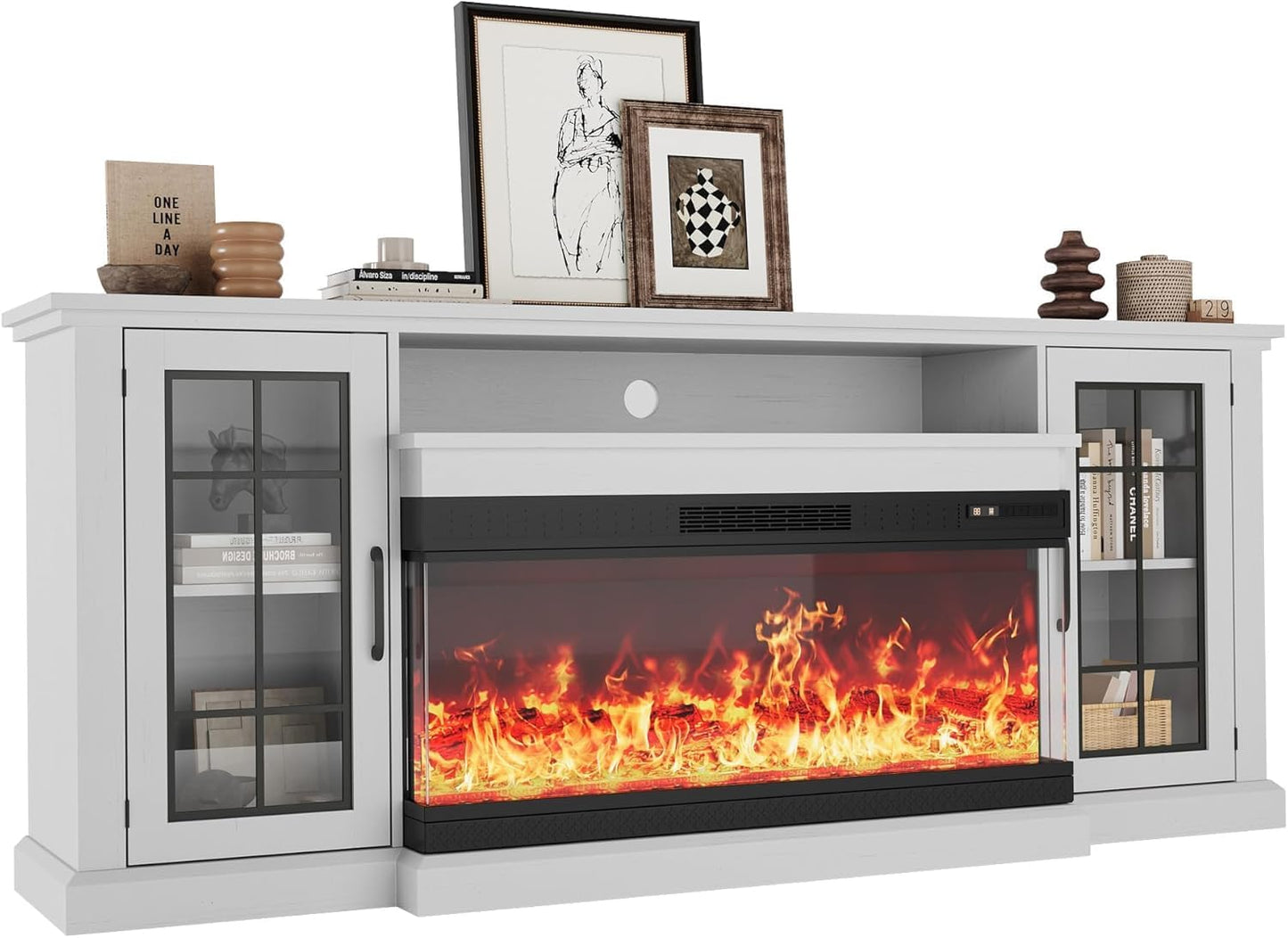 Towallmark 40-inch 3-Sided Glass Electric Fireplace & 75-inch Wooden TV Stand, Farmhouse Entertainment Center with Storage for TVs up to 85", White Console Table for Living Room