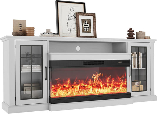 Towallmark 40-inch 3-Sided Glass Electric Fireplace & 75-inch Wooden TV Stand, Farmhouse Entertainment Center with Storage for TVs up to 85", White Console Table for Living Room