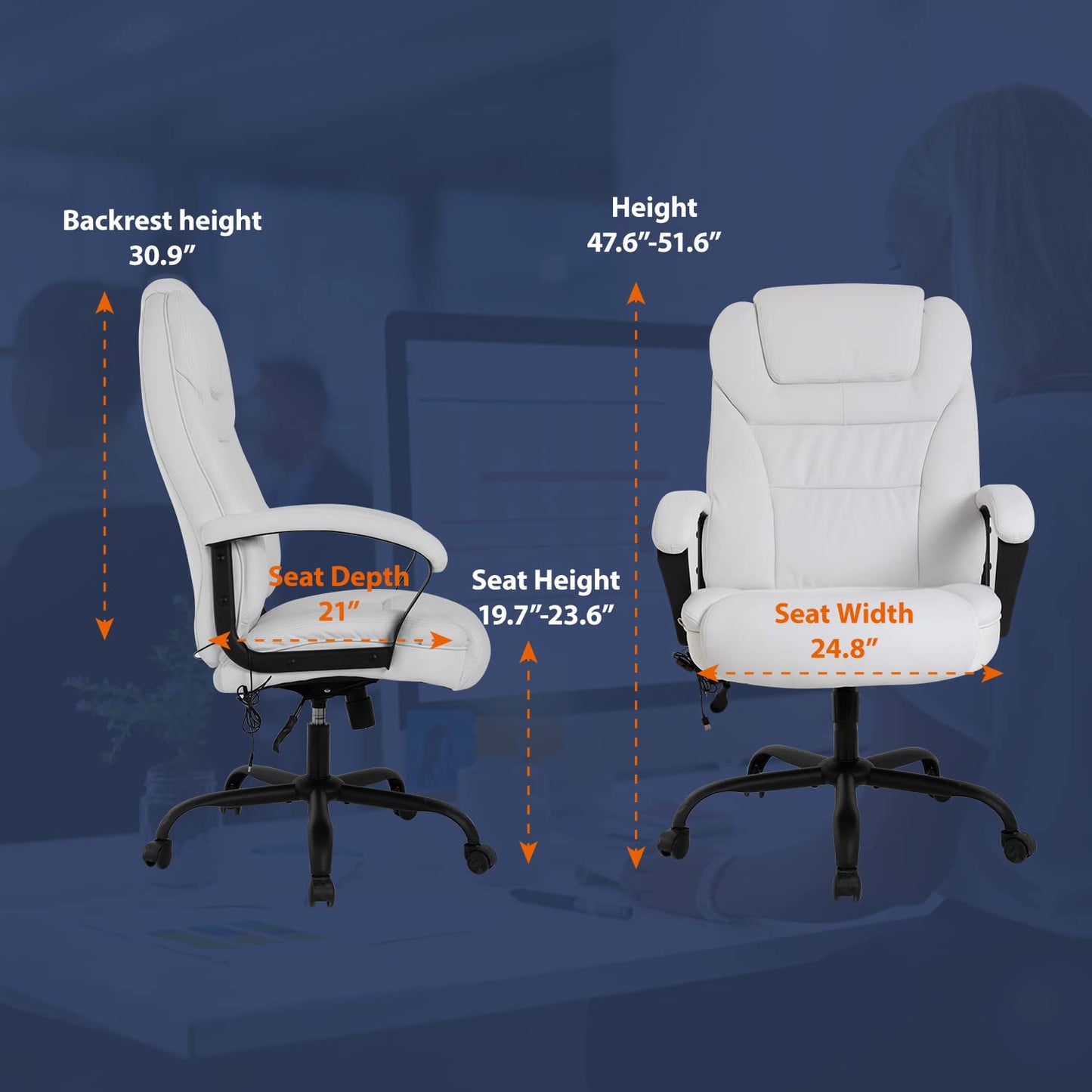 Big and Tall 500lbs Wide Seat Ergonomic Desk Chair with Lumbar Support Arms Headrest Massage Office Chair Rolling Swivel PU Leather Task Computer Chair for Adults (White)