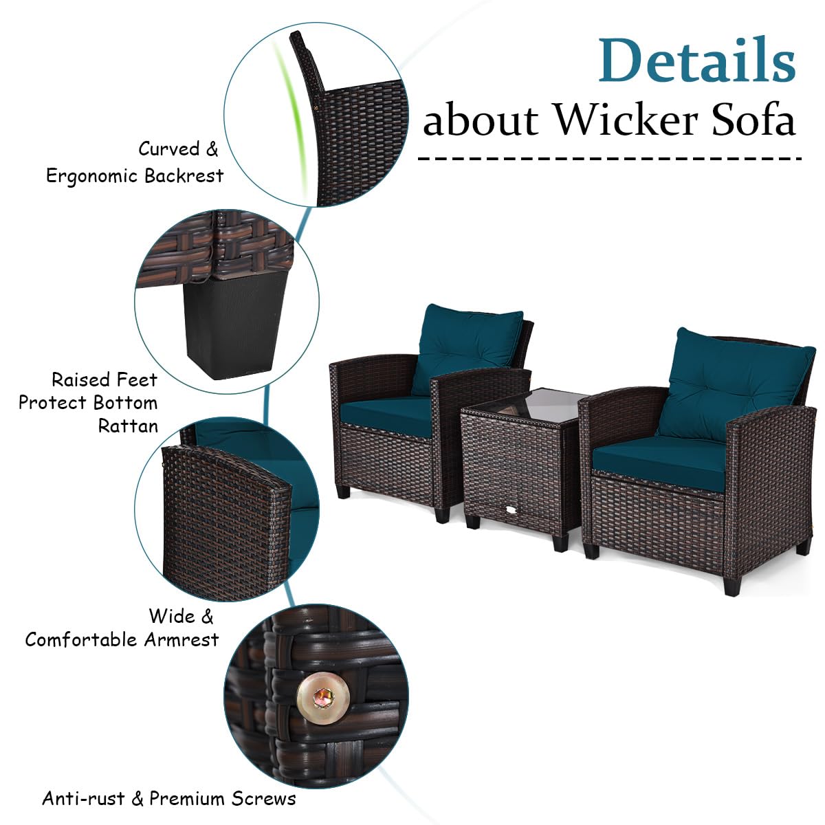 COSTWAY 3PCS Patio Furniture Set, PE Rattan Wicker Sofa w/Washable Cushion and Coffee Table, Tempered Glass Tabletop, Outdoor Conversation Set for Balcony, Porch, Yard, Backyard, Lawn (Blue)