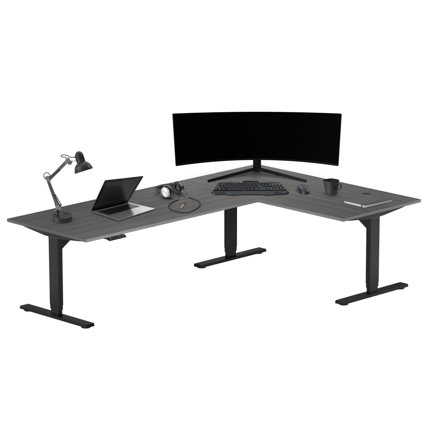 Progressive Desk Electric Stand Up Height Adjustable Standing Desk - Large 90" x 60" L Shaped Corner Rising Computer Workstation Table - Gray Oak, Black Frame