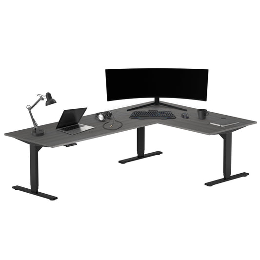 Progressive Desk Electric Stand Up Height Adjustable Standing Desk - Large 90" x 60" L Shaped Corner Rising Computer Workstation Table - Gray Oak, Black Frame