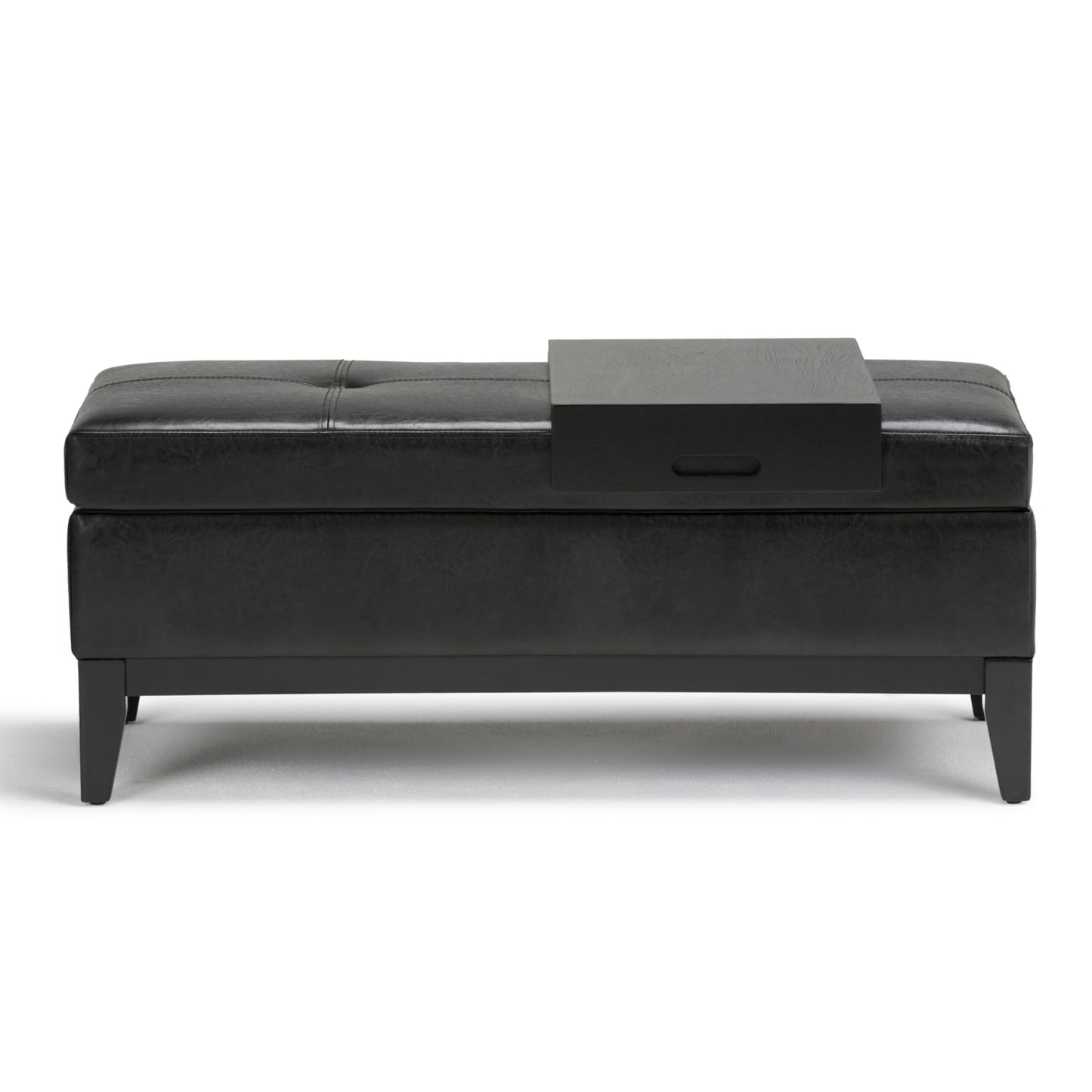 SIMPLIHOME Oregon Storage Ottoman Bench with Tray - 42 inch Wide Upholstered Vegan Leather Rectangle Ottoman Bench in Midnight Black, Transitional Tufted Ottoman for Living Room with Lift-Up Lid