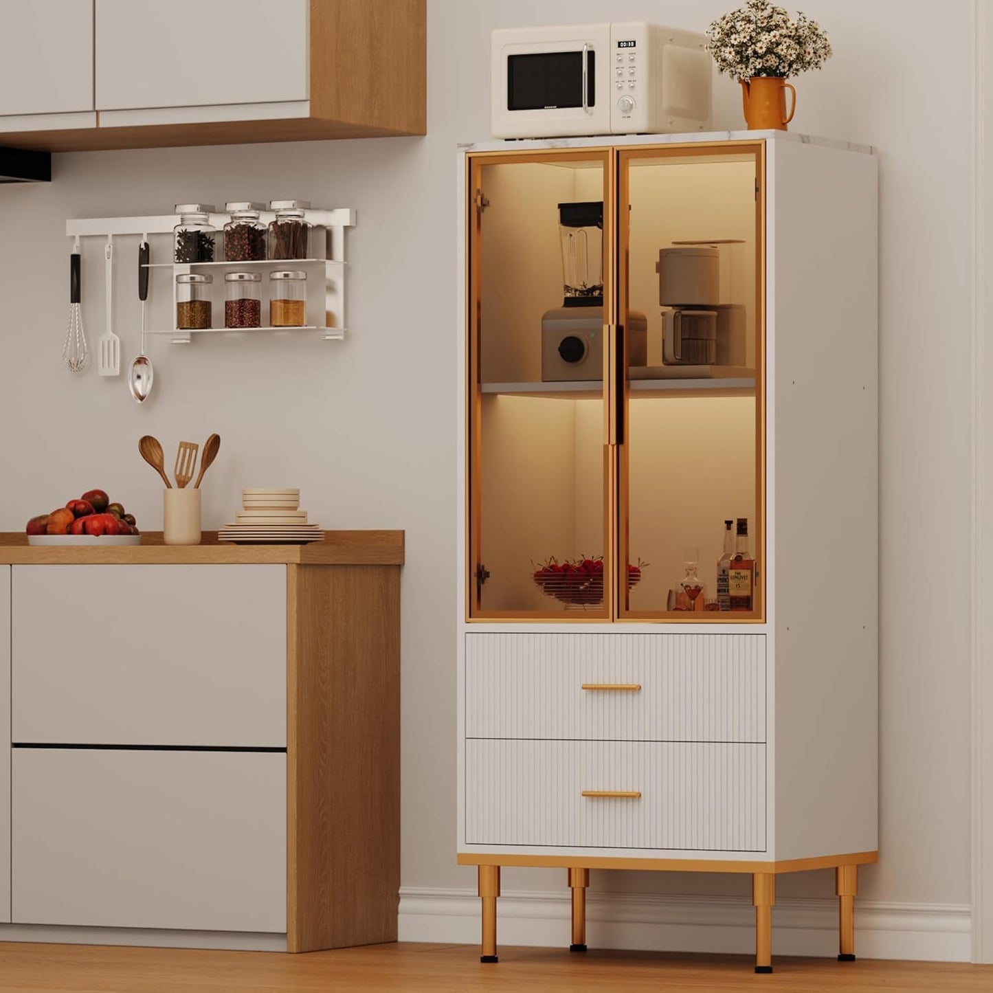MERXENG Fluted Glass Door Storage Cabinet w/Adjustable Shelves & 2 Drawers | White Contemporary Display Unit for Kitchen Pantry or Living Room Storage