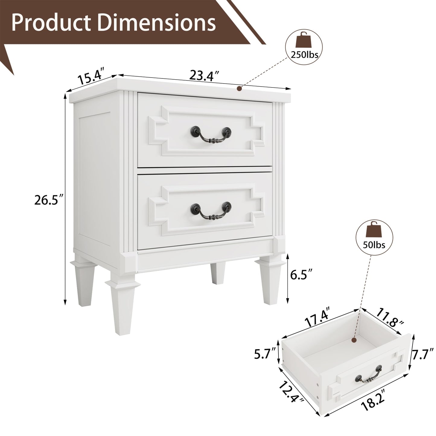 BOSHIRO Nightstand wtih Vintage Surface, 30" End Table, Side Table with 2 Drawers Storage Cabinet Chest for Bedroom, Living Room, White
