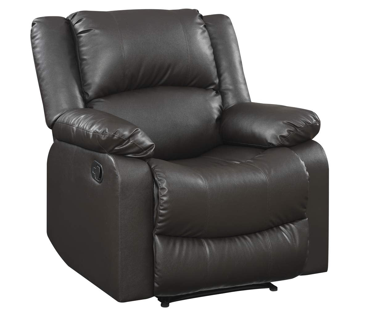 Relax-A-Lounger Warren 35.5" Manual Pull-Handle Recliner, Traditional Overstuffed, Pocket Coil Comfort, Black Metal Base Legs, Soft Vegan Leather Fabric, Java