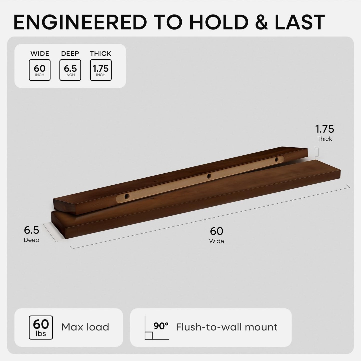 Homeforia Walnut 60 inch Floating Shelf, High End Solid Real Wood 60inch Long Floating Shelf for Wall, Dark Brown Wooden 60in Large Floating Shelves, Heavy Duty Bracket, 60 X 6.5 X 1.75 inch, Set of 2