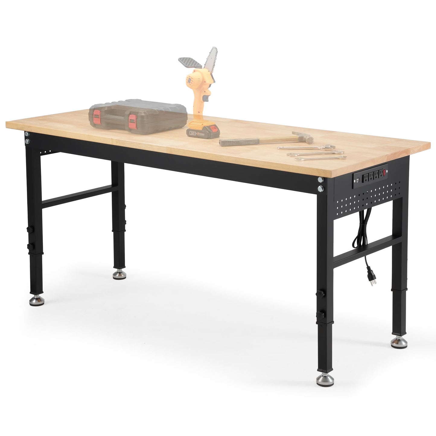 60" Adjustable Workbench with Rubberwood Top & Power Outlet,Large 60 x24Inch 9-Level Height Range 27"-37", 2000 LBS Heavy Duty Capacity for Workshop, Office, Garage, Home