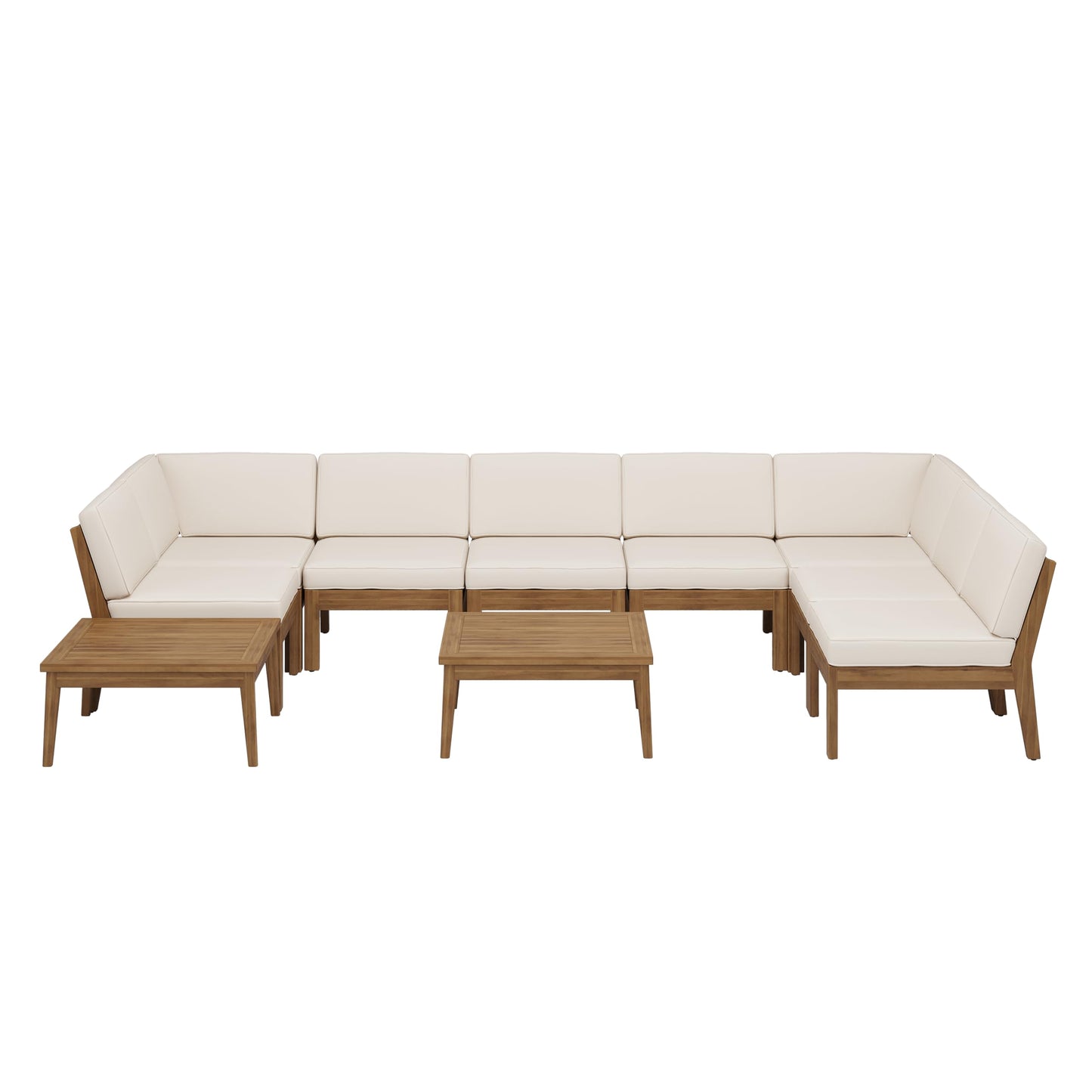 Merax 11 Piece Paito 8-Seaters Conversation Set, All-Weather Acacia Wood U-Shaped Sofa with Cushions and 2 Coffee Tables, Outdoor Sectional Couch Set for Backyard, Poolside, Teak+ Beige