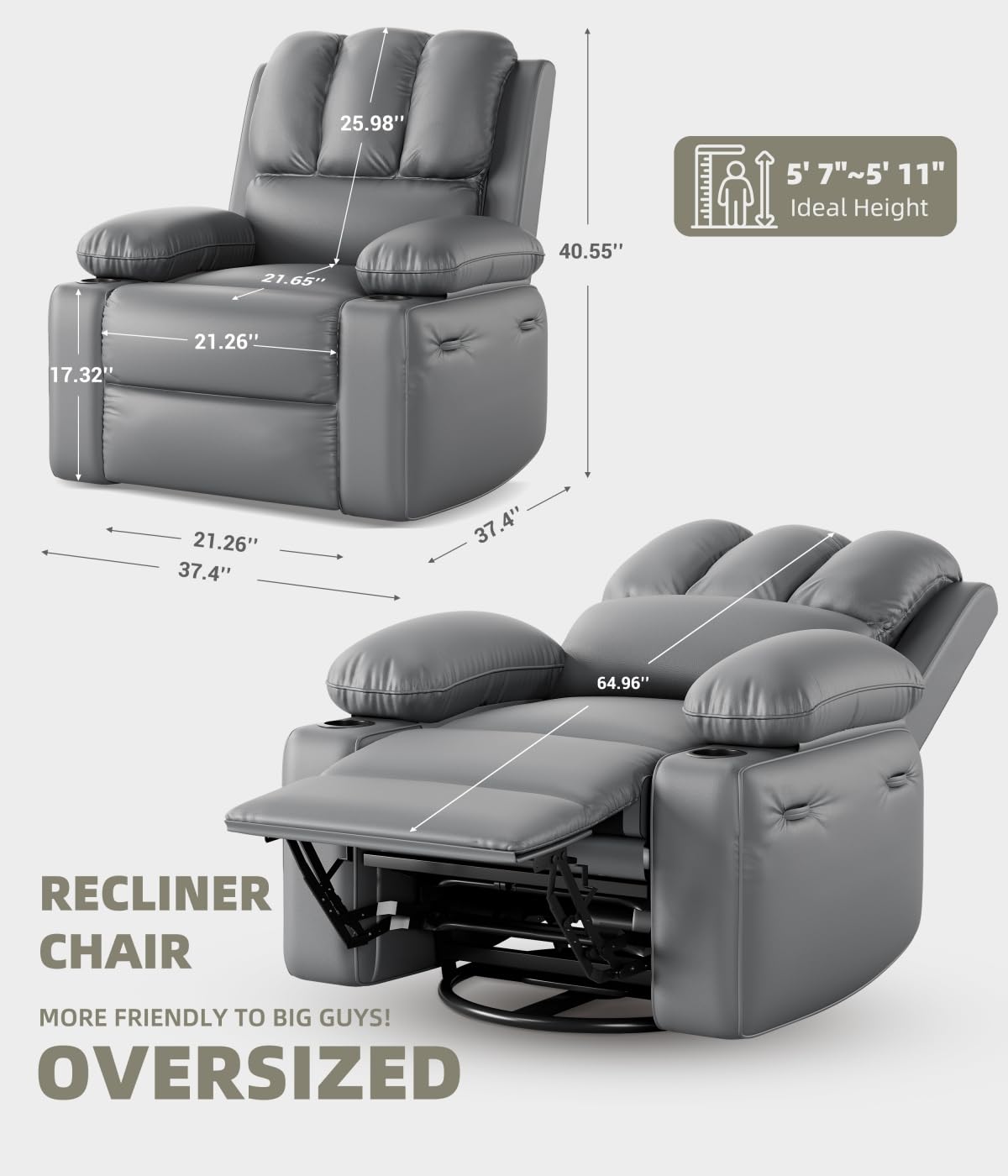 KYBOLT Power Recliner Chair for Adults with Massage and Heat, Swivel Oversized Leather Recliner Chair with USB Ports & Side Pockets for Living Room (22" Medium-Seat Width,Gray)