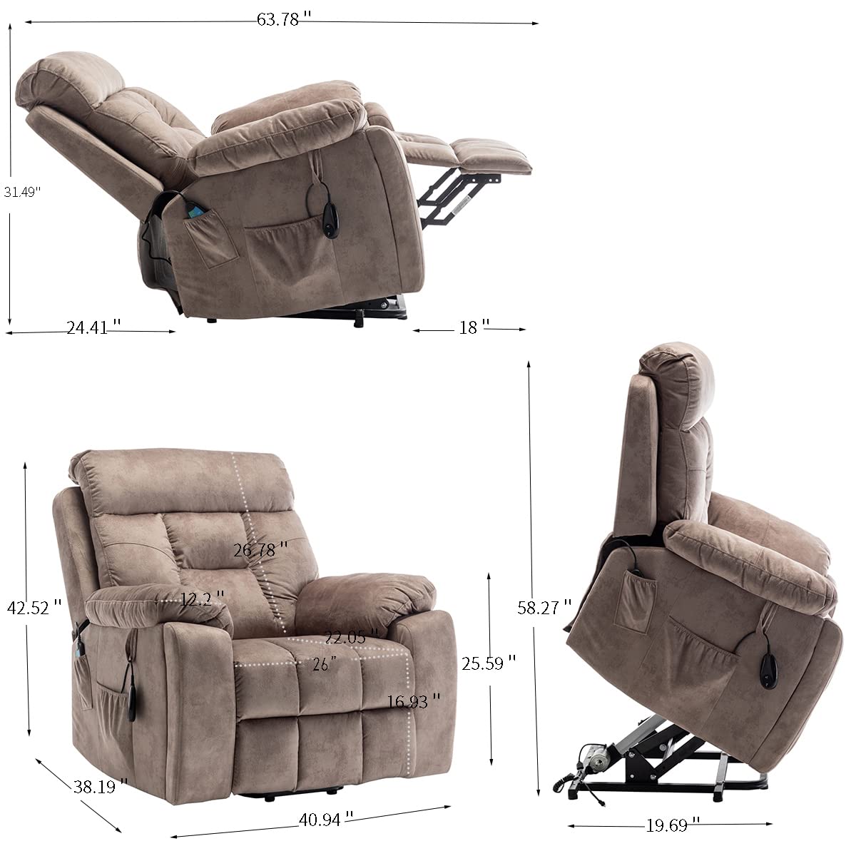 Jintop Electric Power Lift Relax Velvet Sofa Recliners Chair Living Room Furniture,German OKIN Motor,with/8-Point Vibration/5 Modes Massage/Lumbar Heating/Cup Holder,for Elderly,Light Tan