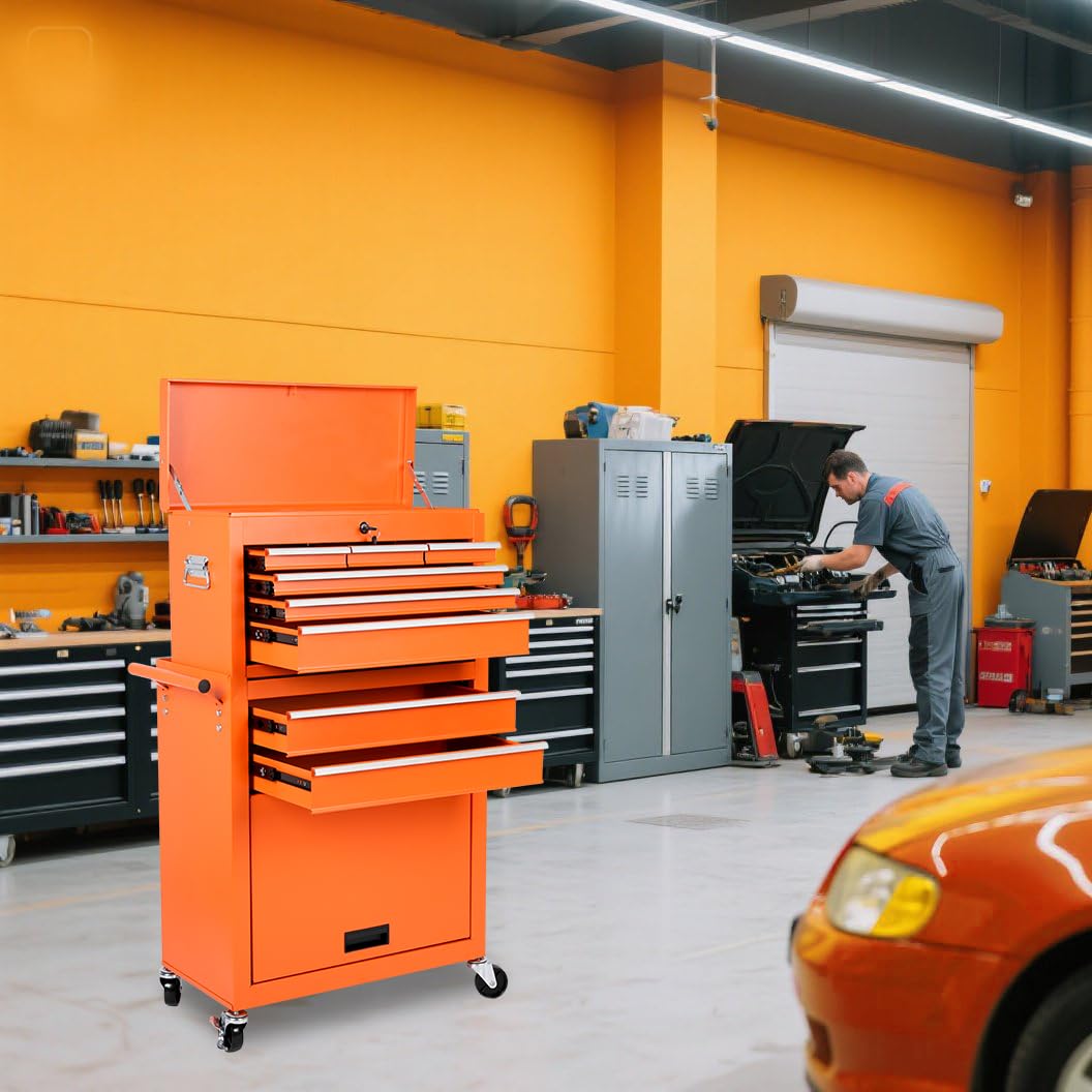 KEIKI 8-Drawer Rolling Tool Chest, Lockable 2 in 1 Detachable Top Tool Box with Drawers, Lockable Wheels, Side Hooks for Garage, Warehouse, Tool Room (Orange)