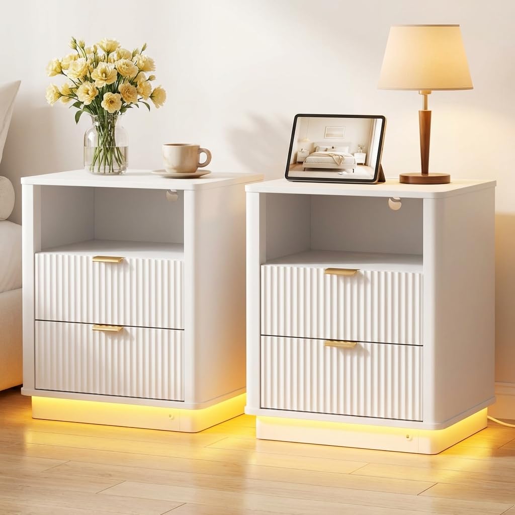 BONITURE Fluted Night Stand Set of 2, Curved Nightstands with Charging Station Lighting, Wood End Table with 2 Drawers, Modern Side Table Storage Cabinet for Bedroom Office,(2, White)