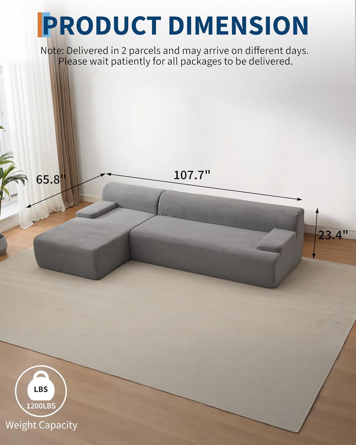 PeakPursuit Oversized 108" Corduroy Cloud Sectional, Left-Facing Chaise Boneless Modular Sofa, Soft Deep Lounger for Living Room, No Assembly Needed