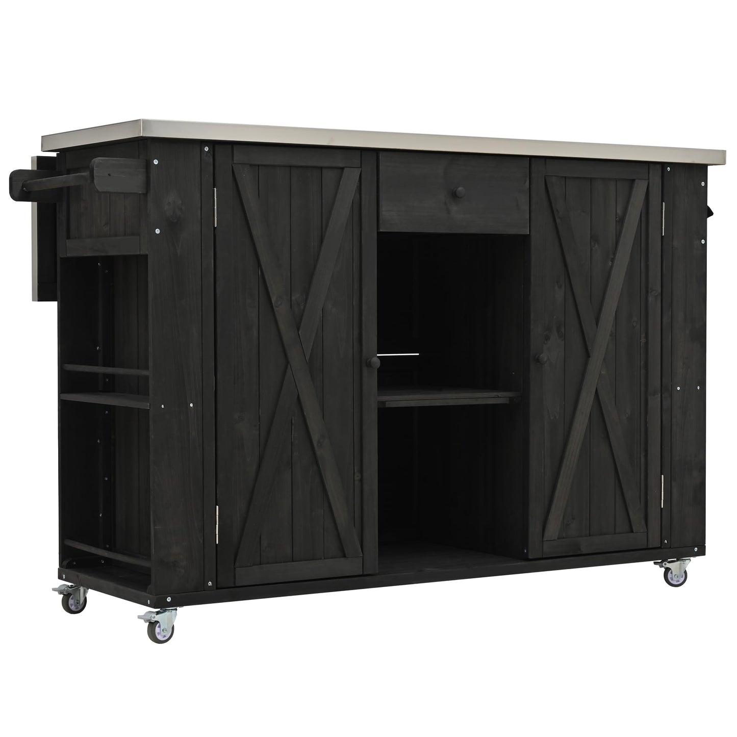52.25" W Outdoor Kitchen Island Patio Grill Cart with Stainless Steel Tabletop, Storage Cabinet for BBQ, Bar