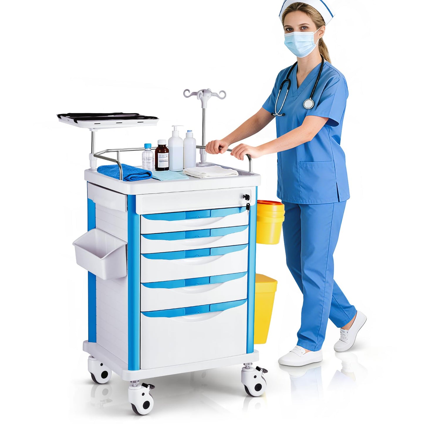 Deerplanet Crash Cart Medical ABS Material, Medical Cart with Drawers, Adjustable IV Pole, Silent Casters, Trash Bins, O2 Holder, Needle Disposal Holder, CPR Board, Nursing Cart for Hospital Clinic